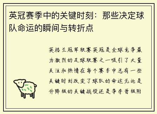 英冠赛季中的关键时刻：那些决定球队命运的瞬间与转折点