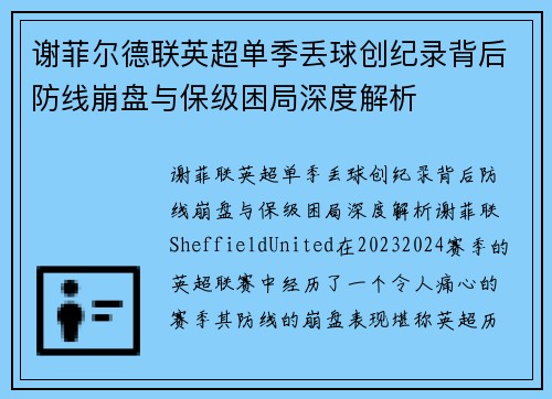 谢菲尔德联英超单季丢球创纪录背后防线崩盘与保级困局深度解析 谢菲尔德联英超单季丢球创纪录背后防线崩盘与保级困局深度解析