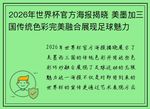 2026年世界杯官方海报揭晓 美墨加三国传统色彩完美融合展现足球魅力
